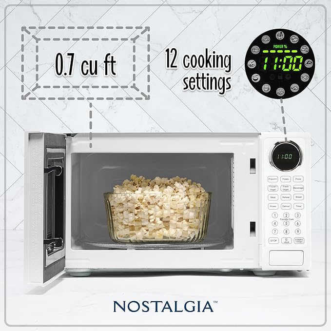Nostalgia Modern Retro Countertop Microwave Oven - 700-Watt - 0.7 cu ft - Retro Microwave and Accessory Bundle with Popcorn Popper, Egg Poacher / Omelet Cooker, and Divided Plate with Cover - White
