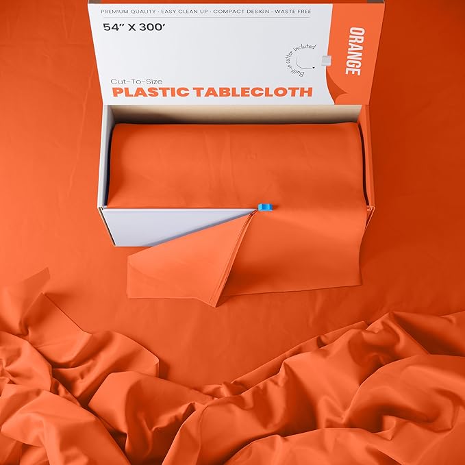 Exquisite Party Solids 54 Inch X 300 Feet Orange Plastic Table Cover Roll in A Cut - to - Size Box with Convenient Slide Cutter. Cuts Up to 36 Rectangle 8 Feet Plastic Disposable Tablecloths