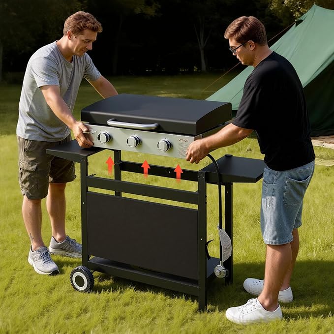 VEVOR Gas Griddle, 3-Burner Flat Top Grill, Propane Griddle with Wheels, Lid, 33000 BTU Outdoor Flat Top Grills for Pan-Frying, Grilling, Stir-Frying, & BBQ, Pulse Ignition, Removable Top Design