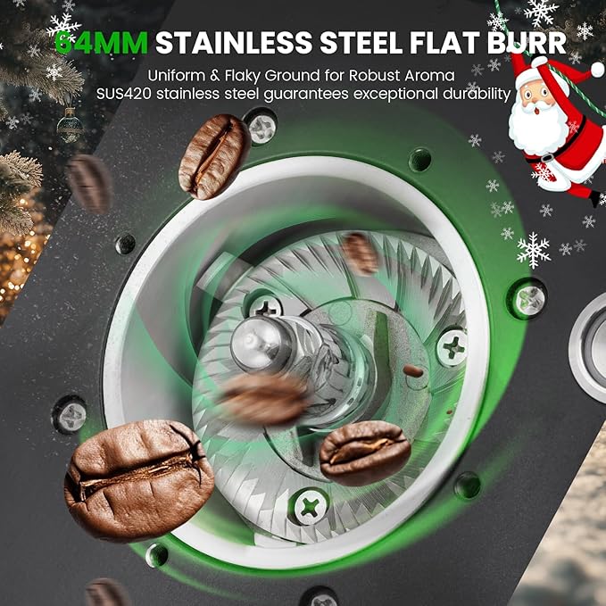 Huanyu Commercial Coffee Grinder - Touchscreen Control, 8 Grind Settings, 64mm Flat Burr, Dual Dosing Modes for Coffee Shops