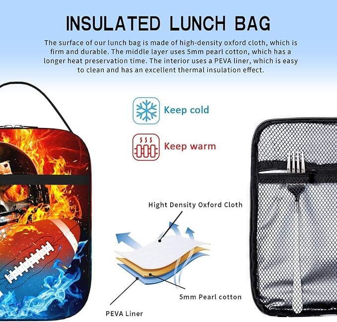 American Football Lunch Bag for Boys Girls Insulated Football Lunch Box for Kid Teen Adult Reusable Kids Lunch Bag for School Work Office Travel Waterproof Leakproof Portable Fits Most Bento Boxes