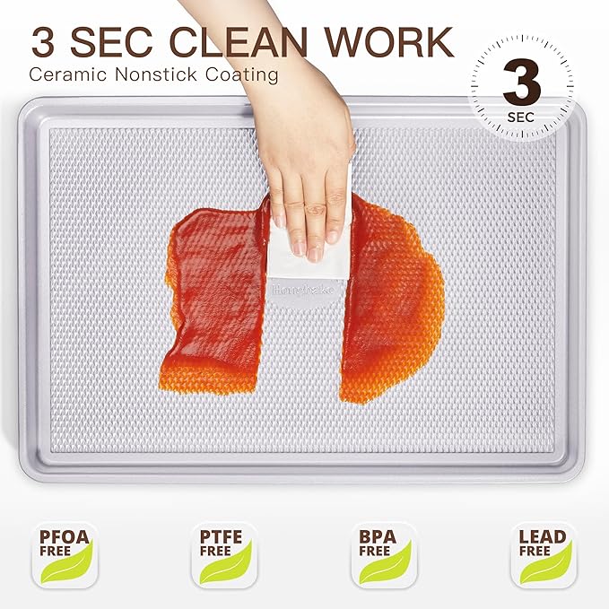 HONGBAKE 3 Pack Nonstick Ceramic Baking Sheet Pan Set for Oven, Non-Toxic Half/Quarter/Jelly Roll Pans with Diamond Texture, Heavy Duty 0.8mm Aluminized Steel Cookie Trays for Cooking, Light Grey