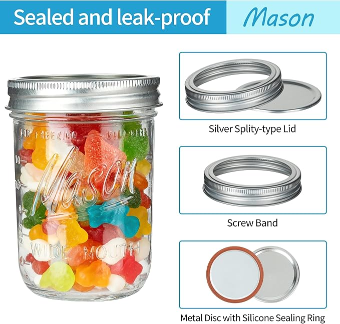 Wide Mouth Mason Jars 16 oz with Lids [8 Pack], Mason Jars with Lids, Canning Jars with Leak Proof, 16 oz Glass Jars for Fermenting, Meal Prep, Freezing, Preserving