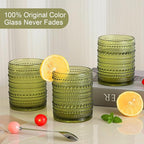 Vintage Glassware Drinking Glasses Set of 6,12 oz Hobnail Glass Cups,Embossed Green Water Tumbler,for Beer,Cocktail,Whiskey,Juice and Various Mixed Drinks- 1 Cleaning Brush