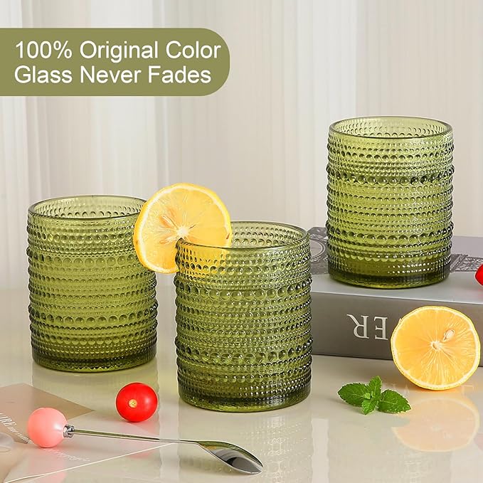 Vintage Glassware Drinking Glasses Set of 6,12 oz Hobnail Glass Cups,Embossed Green Water Tumbler,for Beer,Cocktail,Whiskey,Juice and Various Mixed Drinks- 1 Cleaning Brush