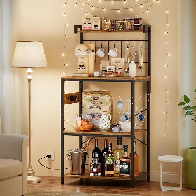YESHOMY Kitchen Baker’s Rack with Power Outlet, 4-Tier Microwave Stand, Coffee Bar with 5 S-Shaped Hooks, Heavy Duty Storage Shelf Unit for Spices, Pots, Rustic Brown