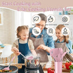 E-far Silicone Cooking Utensils Set, 14-Piece Pink Kitchen Utensils Set with Holder, Kitchen Tools Spatulas with Stainless Steel Handle for Non-stick Cookware, Heat Resistant & Dishwasher safe