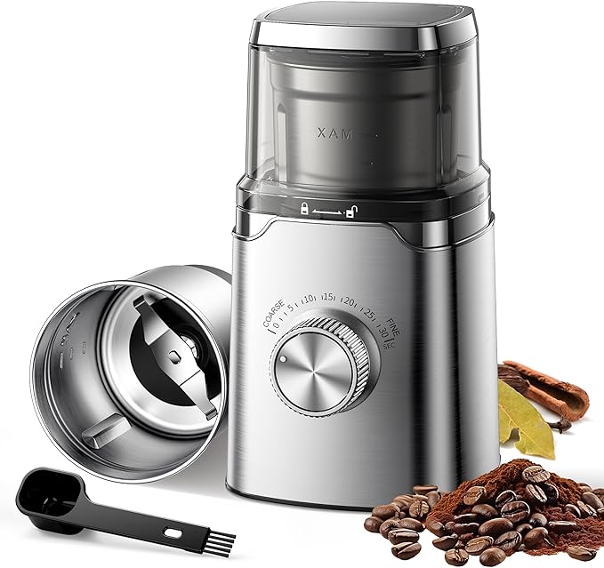 SHARDOR Electric Blade Coffee Grinder, Timed Grind Control Rotary Knob, All-stainless steel shell,Adjustable,for Coffee Beans, Spices & Herbs, with 1 Removable Stainless Steel Bowl,Sliver