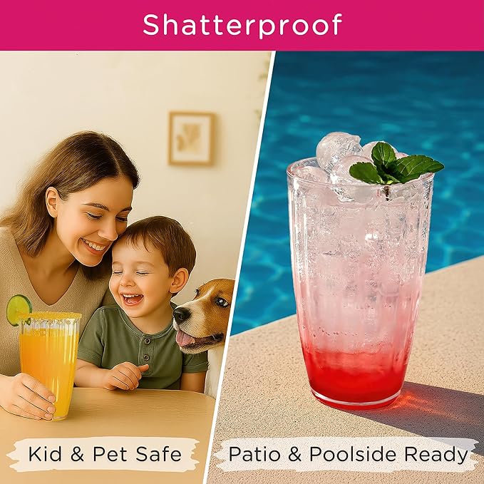 Kate Aspen Clear Ribbed Acrylic Glasses Drinkware Set of 8, 21 oz, Plastic Tumblers, Tumblers & Water Glasses, BPA-Free Plastic Cups Reusable for Cocktails,Pool Parties & Outdoor Entertaining