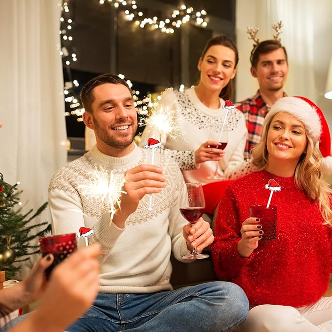 30 Pcs Christmas Drink Stirrers Xmas Stir Stick Holiday Coffee Swizzle Stick Reusable Plastic Hot Cocoa Bar Chocolate Decoration Cocktail Mixer(Santa Hat,Classic Color)