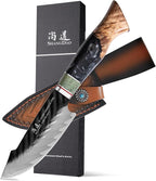 SHANGDAO Damascus Utility Knife 4.8 Inch Fruit Knife with Leather Sheath 67 Layers Alloy Steel Peeling Cutter - Hand Forged Resin & Wood Handle QILIN Series