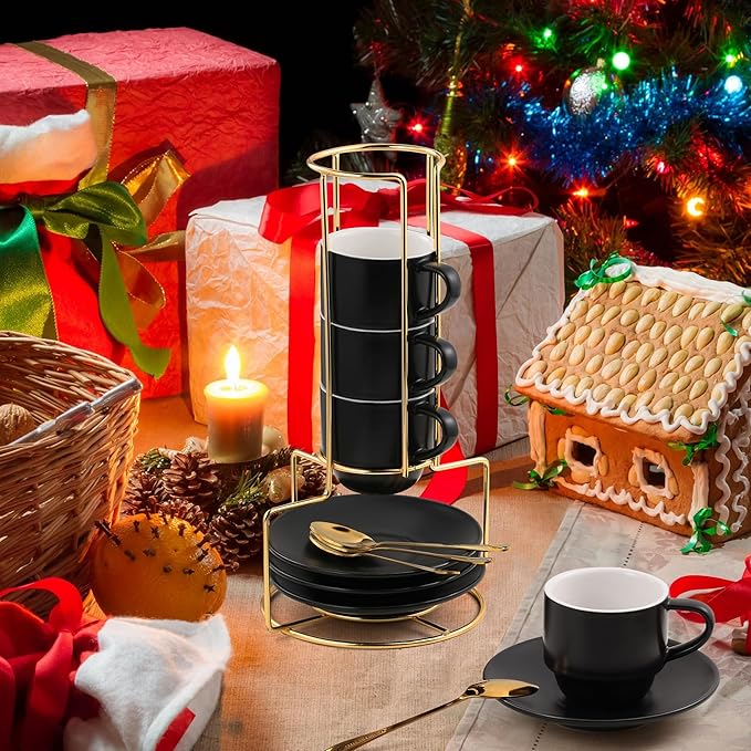 Lareina 3-Ounce Espresso Cups Set of 4, Small Stackable Coffee Cups with Saucers, Spoons and Metal Stand, Ceramic Demitasse Mugs, Espresso Accessories for Machine, Black