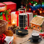 Lareina 3-Ounce Espresso Cups Set of 4, Small Stackable Coffee Cups with Saucers, Spoons and Metal Stand, Ceramic Demitasse Mugs, Espresso Accessories for Machine, Black