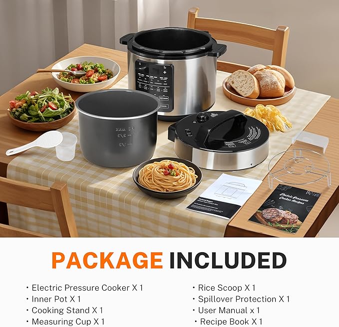 Simple Deluxe 12-in-1 Electric Pressure Cooker, 6QT Stainless Steel & Non-Stick Multi Cooker for Slow Cook, Meat Stew, Cake, Porridge, Multigrain, Dishwasher Safe, Silver