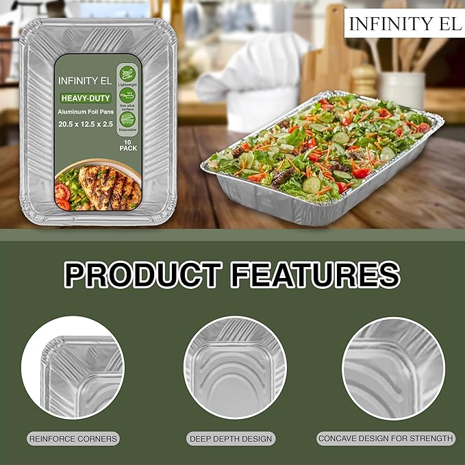 INFINITY EL 20.5" x 12.5" x 2.5" Disposable Aluminum Pans (Full Size-Medium/10 Pack) - Aluminum Serving Tray for Catering, Baking & Meal Prep - Heavy Duty Aluminum Foil Pans