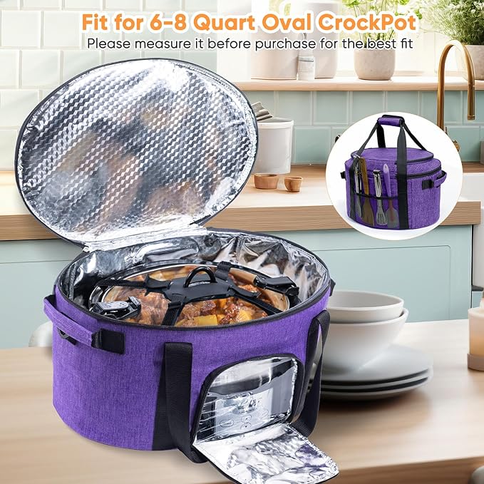 Double-Layer Slow Cooker Carrying Bag for 6-8 Quart CrockPot and Hamlton Beach, Travel Bag With Lid Fastener, Portable Carrier Case With See-Through Window