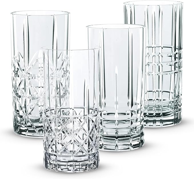 Nachtmann Highland Collection Crystal 6” Long Drink Glasses, Set of 4, With Different Glass Patterns, For Cocktails or Non- Alcoholic Beverages,445 ml, Dishwasher Safe