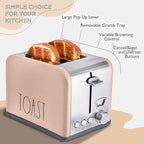 Rae Dunn Toaster, Stainless Steel 2 Slice Square Toaster, Wide Slot with 5 Browning Levels, with Bagel, Defrost and Cancel Options (Blush)