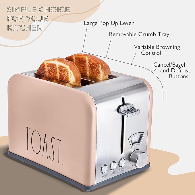 Rae Dunn Toaster, Stainless Steel 2 Slice Square Toaster, Wide Slot with 5 Browning Levels, with Bagel, Defrost and Cancel Options (Blush)