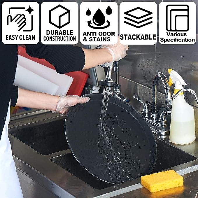 CURTA 2-Pack Restaurant Grade Non-Slip Tray, NSF, Oval 24-Inch x 29-Inch, Plastic Rubber Lined Round Serving Tray, Black