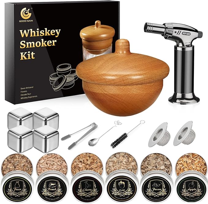 G GOOD GAIN Whiskey Smoker Kit with Torch - Old Fashioned Cocktail Smoker Infuser Kit, 6 Flavors Wood Chips, 4 Ice Stone | Birthday Bourbon Whiskey Gifts for Men, Dad, Husband (No Butane)