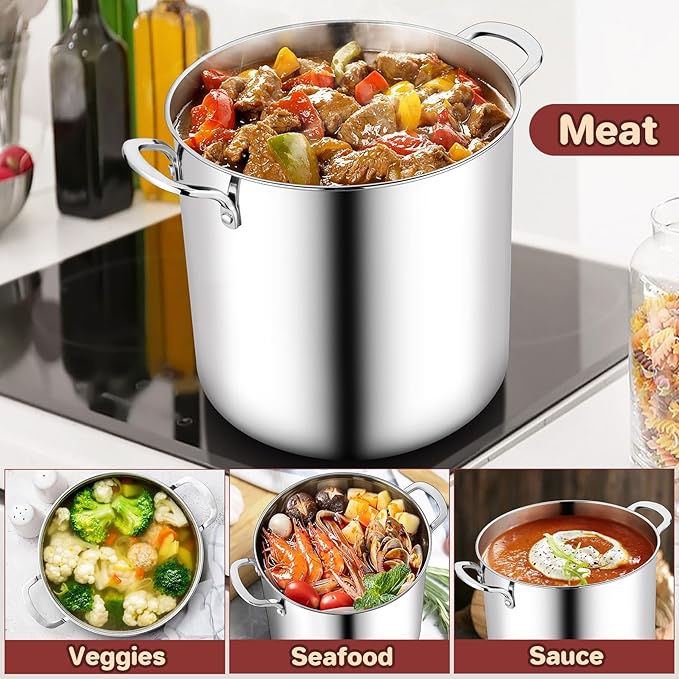 TeamFar 12 Quart Stock Pot, Stainless Steel Tri-ply Stockpot Large Pasta Soup Cooking Pot with Clear Lid, for Induction Gas Electric Ceramic, Healthy & Heavy Duty, Solid Handles & Dishwasher Safe