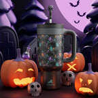 40 oz Halloween Tumbler with Handle, Glow-in-the-Dark, 2-in-1 Straw Lid, Leakproof, Insulated Stainless Steel Travel Coffee Mug, Keeps Cold for 34 Hours, Fits in Car Cup Holder (Spooky Skull)