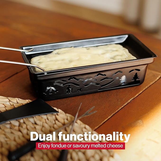 Swissmar Tandem Candle Fondue & Raclette Set - Portable 2-in-1 Tabletop Fondue Pot with Raclette Dish, Forks, Spatula & Tealight Candles