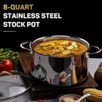 8 Quart Stock Pot, 3 Ply Whole Clad Stainless Steel Stock Pot, 8 QT Cooking Pot with Lid, Induction Pot for Cooking, 18/10 Stainless Steel Cookware Stockpots Oven, Gas and Dishwasher Safe
