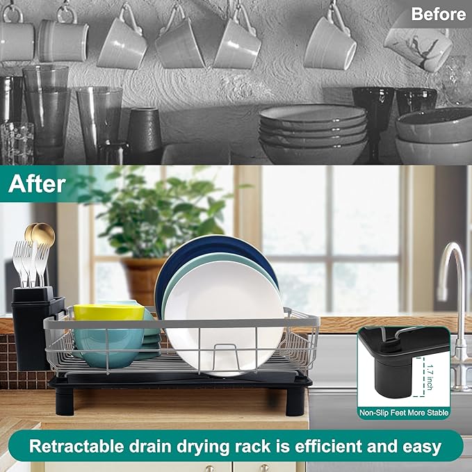 Dish Drying Rack for Kitchen Counter,Space-Saving Dish Rack with Drainboard,Rustproof Countertop Dish Drainer with Utensil Holder for Sink,Gray