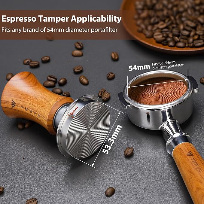 V5 Espresso Tamper, 53.3MM 2 Spring-Loaded Calibrated Tamper with Stainless Steel Ripple Base, Walnut Wooden-Handle Tamper Compatible with Breville 54mm Portafilter