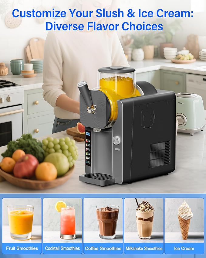 2-IN-1 Slush Machine & Ice Cream Maker Machine, 6 Modes for Smoothies, Milkshakes, Cocktails, Margarita, and Ice Cream, Double-Layer Tank, With Ice Cream Cone Holder, Self-Cleaning, For Home Use, Grey