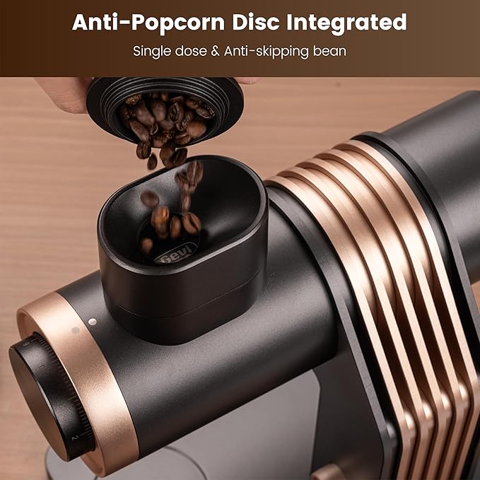 Gevi VelPro 400 Single Dose Coffee Grinder with Variable Speed, Stepless Adjustment, 64mm Titanium Flat Burr & Single Dosing Cup, Coffee Bean Grinder for Drip, French Press & Cold Brew-Black Gloden