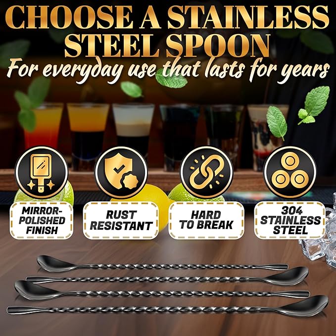 4 Pcs Bar Spoon Cocktail Mixing Spoon Set – 12" Stainless Steel with Twisted Spiral Handle Stirring Spoons, Good for Cocktails, Iced Tea, & Drink Mixing Lovers | Caviar Spoons