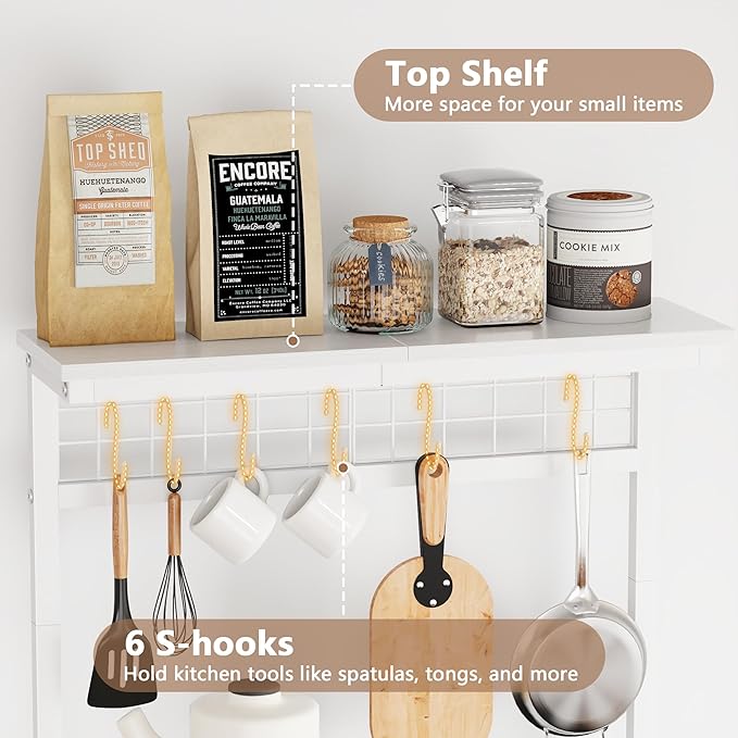 Furologee Kitchen Bakers Rack with Power Outlet, Microwave Oven Stand with Storage 4 Tiers, Coffee Bar Table with 6 S Hooks, Kitchen Storage Shelf Rack for Spices, Pots, White