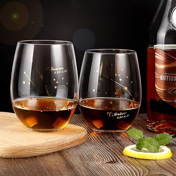 Aries Stemless Wine Glass 20 Oz, Aries Birthday Gifts for Women Men, Zodiac Aries Tumbler Gifts for Pisces Women, Aries Cup Golden Gift, Constellation Tumbler Wine Glass, Astrology Gifts for Women Men