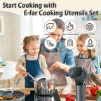 Silicone Cooking Utensils Set, E-far 14-Piece Gray Kitchen Utensils Set with Holder, Kitchen Tools Spatulas with Stainless Steel Handle for Non-stick Cookware, Heat Resistant & Dishwasher safe