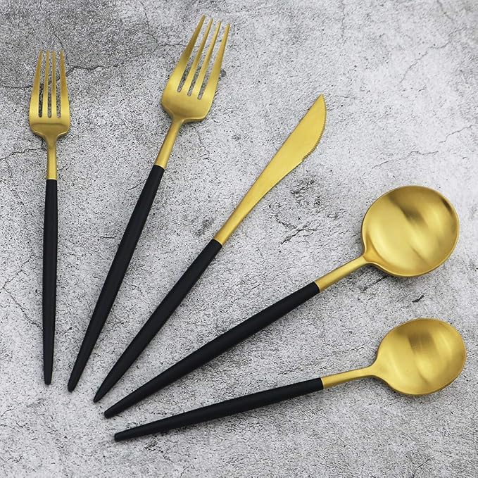 Gugrida 20-Piece 18/10 Stainless Steel Flatware Silverware, Luxury Dinnerware Set Travel Cutlery Tableware Include Knife Fork Spoon Service for 4, Dishwasher Safe (Black Handle Matte Gold)