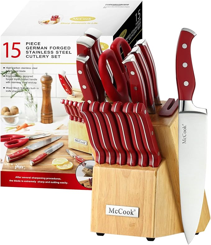McCook® Stainless Steel Kitchen Knife Sets with Wooden Block, Kitchen Scissors and Built-in Sharpener, Red