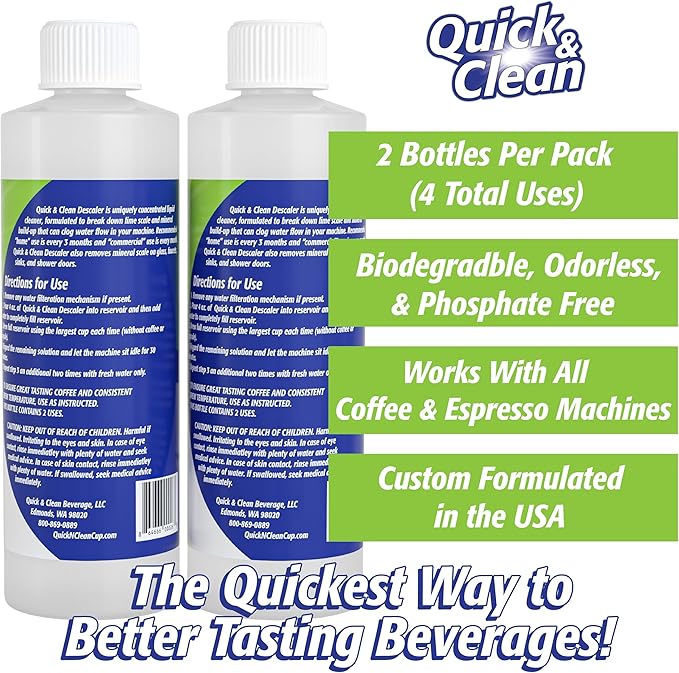 Quick & Clean 2-Pack Descaler (4 Total Uses) - Made in the USA - Descaling Solution for Keurig, Nespresso, Ninja, Delonghi, Coffee and Espresso Machines