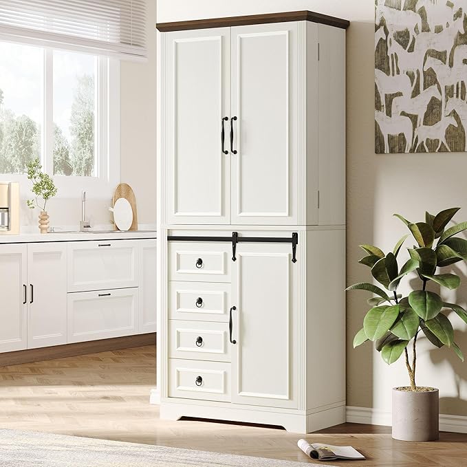 DWVO 71" Kitchen Pantry with Sliding Barn Door & Storage Drawers, Farmhouse Tall Storage Hutch Cabinet with Adjustable Shelves, Versatile Organizers for Living Room, Dining Room, Hallway, Off White
