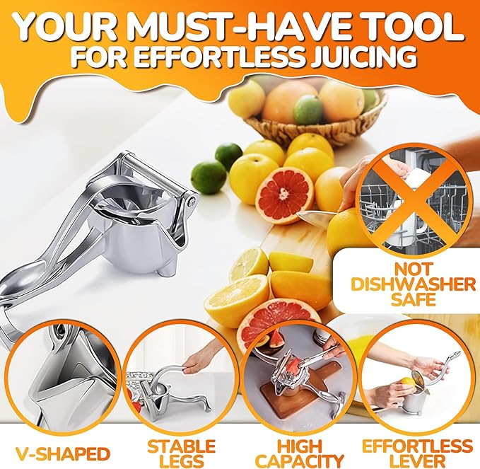 Aluminum Alloy Fresh Fruit Juice Extractor - Juice Squeezer Handheld, Ergonomic Grip, Easy to Use, 9.8" Length Hand Juicer Squeezer with 0.6L Capacity, Efficient Extraction of Citrus, and Other Fruits