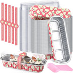 Tioncy 50 Pcs Halloween Mini Pink Loaf Pans with Lids Spoons Sticker Cute Ghost 6.8oz Disposable Rectangle Aluminum Foil Baking Pans Muffin Cupcake Cups for Picnics Birthday Halloween Party Supply