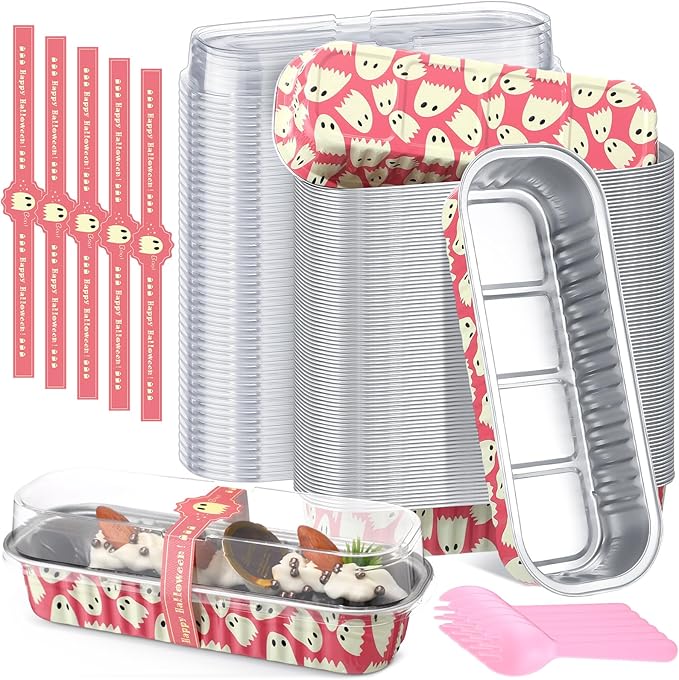 Tioncy 50 Pcs Halloween Mini Pink Loaf Pans with Lids Spoons Sticker Cute Ghost 6.8oz Disposable Rectangle Aluminum Foil Baking Pans Muffin Cupcake Cups for Picnics Birthday Halloween Party Supply