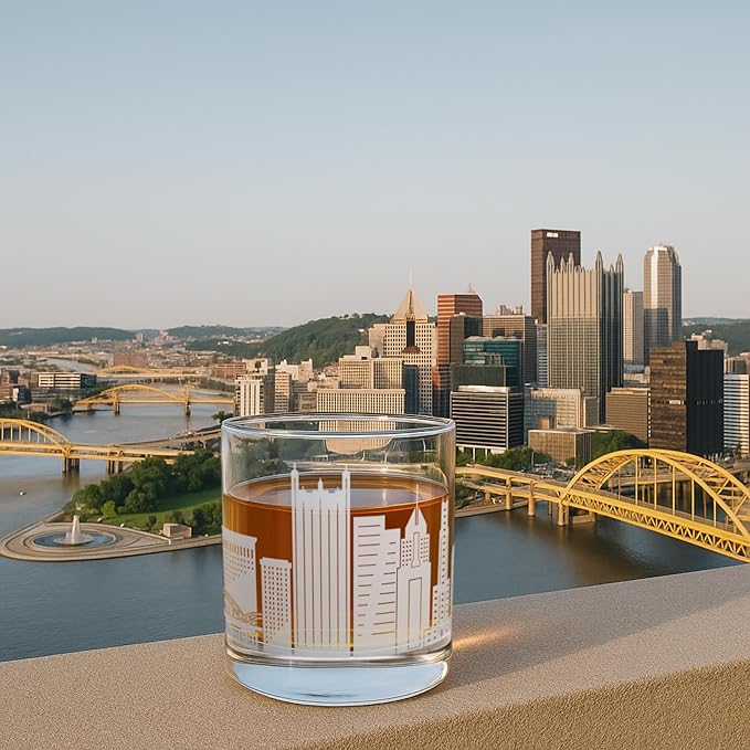Greenline Goods – Pittsburgh, PA Skyline Whiskey Glasses (Set of 2), 10 oz – Rocks/Old Fashioned Tumblers
