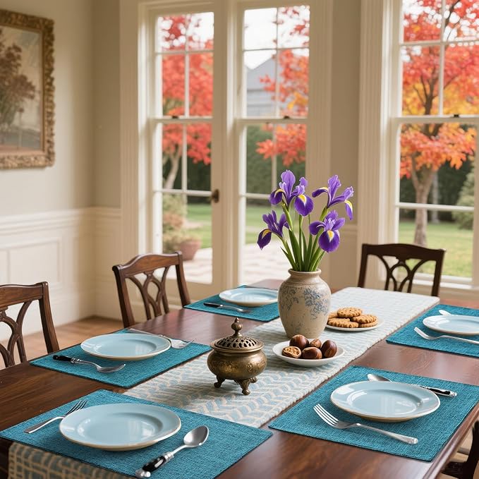 Homaxy Cloths Placemats for Dining Table Set of 4, Heat Resistant Washable Cotton Linen Blend Table Mats, Easy to Clean Place Mats for Indoor Outdoor Party Kitchen Decoration, 13" x 19", Teal