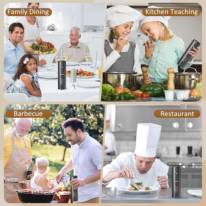 Electric Black Pepper Grinder Rechargeable, Larger Capacity Top-Refill Automatic Salt Grinder and Pepper Mill with 6 Adjustable Coarseness, LED Light, One-Handed Operation for Home (1 Pack)