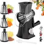 3-in-1 Rotary Cheese Grater Vegetable Slicer, 3 Interchangeable Blades Food Shredder with Anti-Slip Reinforced Suction Base, Kitchen Mandoline Chopper (Black)
