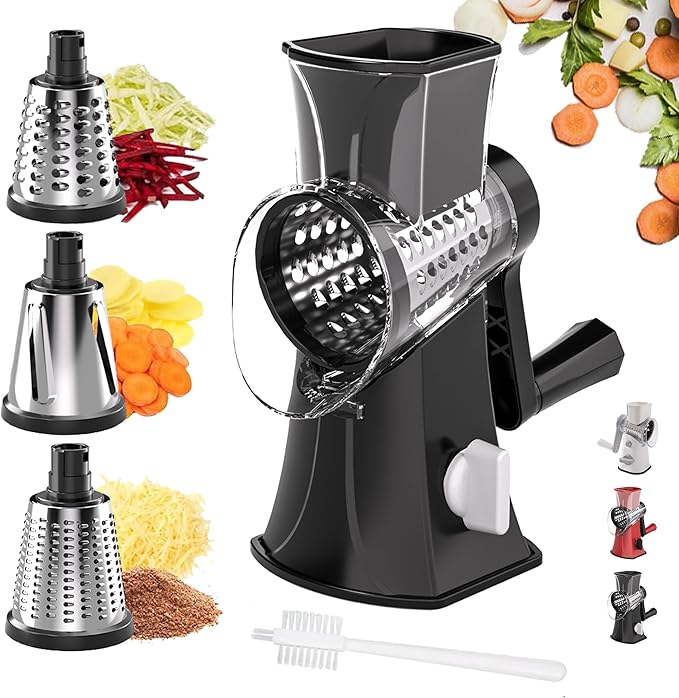 3-in-1 Rotary Cheese Grater Vegetable Slicer, 3 Interchangeable Blades Food Shredder with Anti-Slip Reinforced Suction Base, Kitchen Mandoline Chopper (Black)