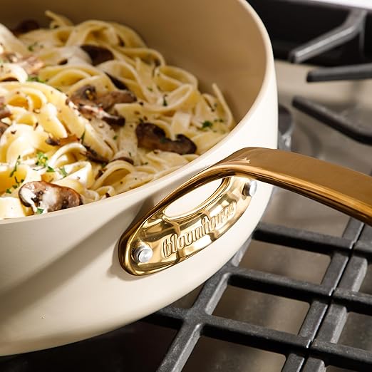 bloomhouse - Two Time Oprah's Favorite Things Winner - 6 QT Heavy Duty Aluminum Premium PFA Free Ceramic Nonstick Saute/Deep Frying Pan Skillet with Lid - Almond Cream w/Gold Handle